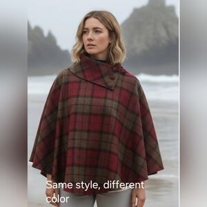 MUCROS WEAVERS PONCHO, Plaid Cape with Button Detail